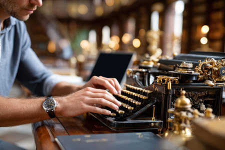 A writer focuses on typing at an elegant vintage typewriter in a cozy library ambiance surrounded by books.の写真素材