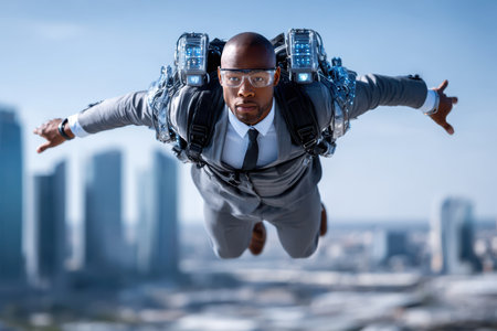 A businessman in a suit with a jetpack flies above a modern cityscape, showing advanced technology and ambition.の写真素材