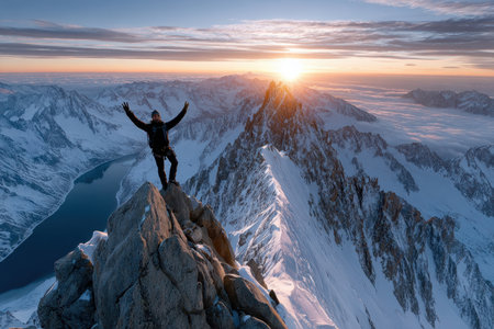 A mountaineer celebrates atop a snowy peak at sunriseの写真素材