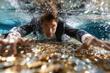 A man in a suit swims underwater, reaching out to grasp gold coins scattered around him, enjoying a unique experience.の写真素材