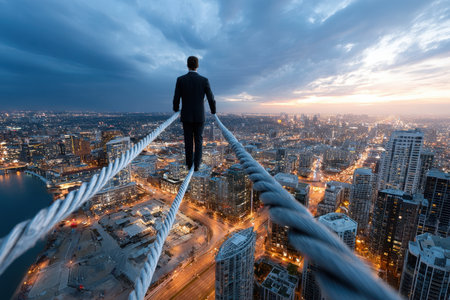 A man dressed in a suit carefully walks on a tight rope high above a bustling city at sunset, showing resilience.の写真素材