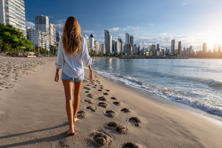 A woman strolls barefoot on the beach, leaving footprints in the sand as the sun sets over the city.の写真素材
