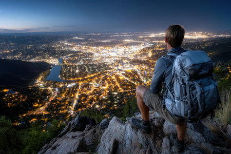 A hiker sits on a rocky ledge, gazing at a sprawling city lit up by thousands of lights against the night sky.の写真素材