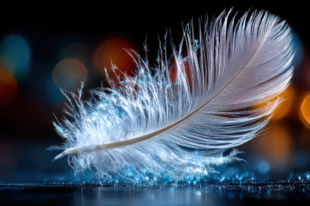 A minimalist shot of a single feather falling against a dark background, under soft, directional lighting, shot with a macro lens, with an unexpected gust of wind changing its pathの写真素材
