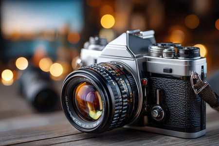 A vintage camera is showcased on a wooden table, surrounded by bokeh lights that create a warm atmosphere.の写真素材