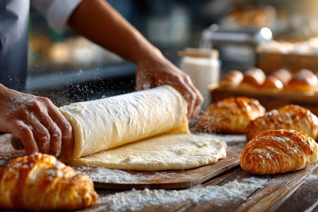 A baker rolls out dough while surrounded by an assortment of fresh pastries and flour.の写真素材
