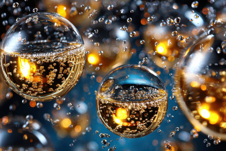 Abstract image of golden liquid spheres with bubbles on a dark backgroundの写真素材
