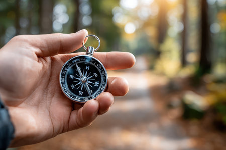 A hand holds a compass in a blurred autumnal forest settingの写真素材
