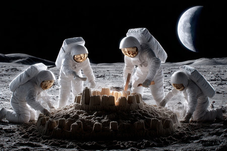 Four astronauts in space suits are building a sandcastle on the moon, with Earth visible in the background.の写真素材