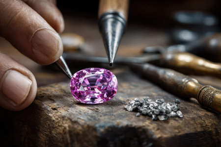 A skilled artisan carefully examines a pink gemstone using precision tools on a rustic wooden workbench.の写真素材