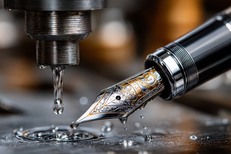 Close-up of an ornate fountain pen nib as ink drips from a nozzle in a creative workspace.の写真素材