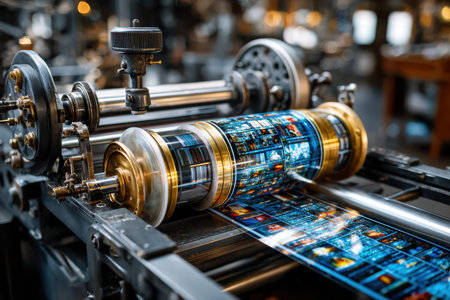 A machine exposes colorful prints as they roll off a printing press, highlighting detailed artwork.の写真素材
