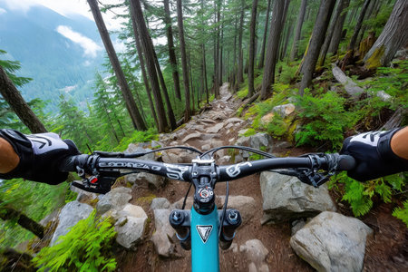 A mountain biker descends a rocky trail in a lush green forestの写真素材