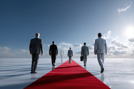 A group of men in suits walks confidently on a red carpet towards a bright horizon, suggesting ambition.の写真素材