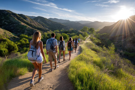 A group of individuals hike along a dirt path surrounded by lush greenery and mountains during sunset.の写真素材