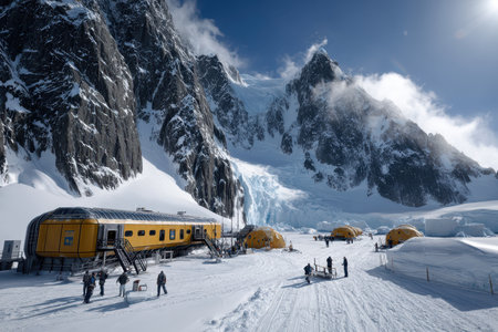 Scientists set up a research camp in a stunning snowy landscape, surrounded by towering mountains.の写真素材