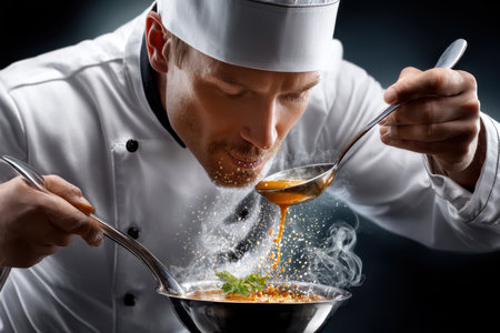A skilled chef tastes gourmet soup from a silver pot, surrounded by steam and fresh herbs, in a modern kitchen.の写真素材