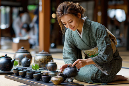 Woman gracefully prepares tea in traditional attire surrounded by elegant teapots and plants.の写真素材
