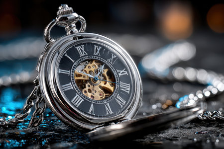 An antique pocket watch, set against a dark, moody background, under dramatic, focused lighting, with a sudden springing open of the watch coverの写真素材