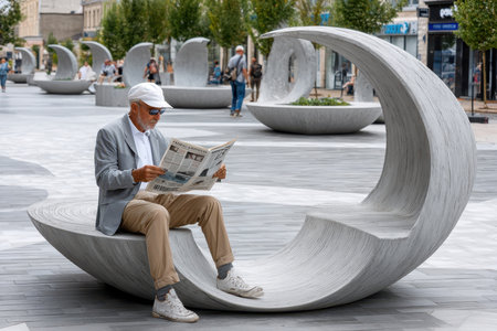 A senior man enjoys reading a newspaper while sitting on a unique curved concrete sculpture in a lively urban square.の写真素材
