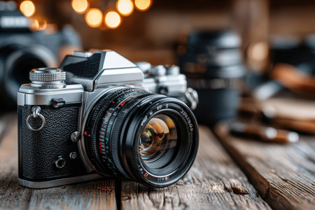 A vintage film camera rests on a weathered wooden surfaceの写真素材