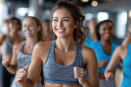 Group of women engaged in a lively fitness class, smiling and exercising together in a contemporary gym setting.の写真素材