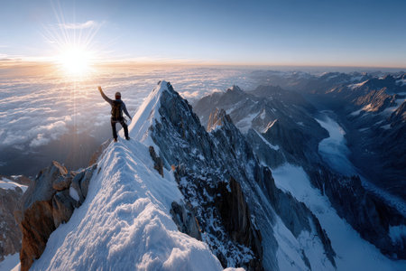 A climber celebrates atop a snowy mountain peak at sunriseの写真素材