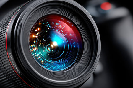 A close-up of a camera lens, shot with a macro lens, conveying the concept of 'the eye of the photographer'の写真素材