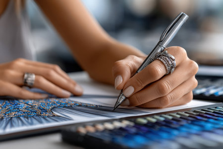 An artist skillfully draws a detailed fashion illustration, surrounded by colorful art supplies in a bright studio.の写真素材
