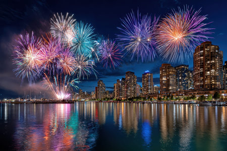 Fireworks explode over a city skyline reflected in the water at nightの写真素材