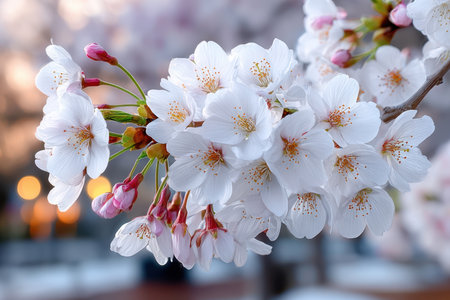 Closeup of delicate white cherry blossoms on a tree branchの写真素材
