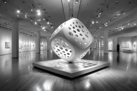 A large white perforated cube sculpture is displayed in a modern art galleryの写真素材