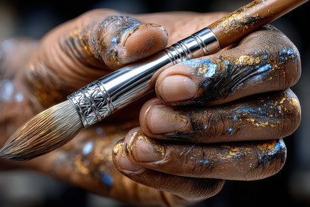 Skilled hands hold a brush covered in paint, showing the creative process of artistic expression.の写真素材
