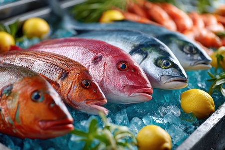 Fresh fish displayed on ice with lemon and herbsの写真素材