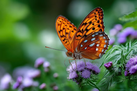 A colorful butterfly sits on a purple flower in a green fieldの写真素材