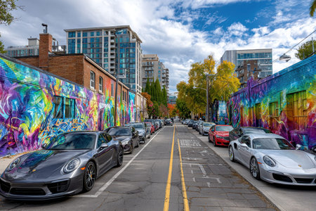 Cars are parked along a colorful graffiti-covered wall in a city alleyの写真素材