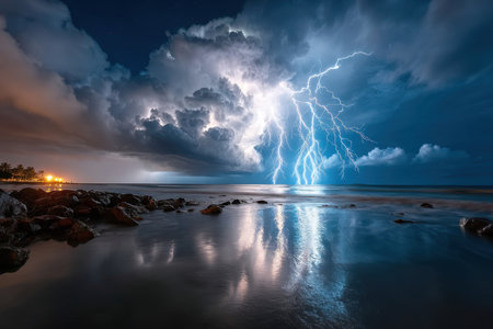 Lightning strikes illuminate the ocean and a rocky beach at nightの写真素材