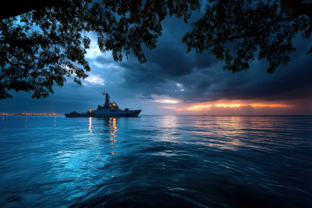 A warship sails on the ocean at sunset under a dramatic cloudy skyの写真素材