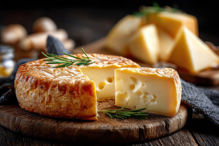 A wheel of cheese with a slice cut out sits on a wooden board with rosemaryの写真素材