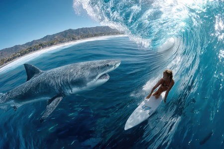 A surfer rides a wave with a large shark swimming nearbyの写真素材