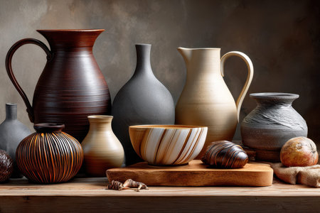 Various pottery pieces in various shapes and colors are displayed on a wooden surface in a tranquil studio.の写真素材