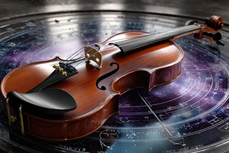 A finely crafted violin lies on a celestial backdrop, merging art and music with a cosmic touch.の写真素材