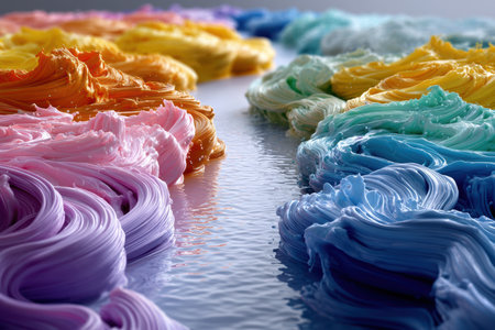 Colorful swirls of paint are arranged beautifully, reflecting light and creating an artistic ambiance.の写真素材