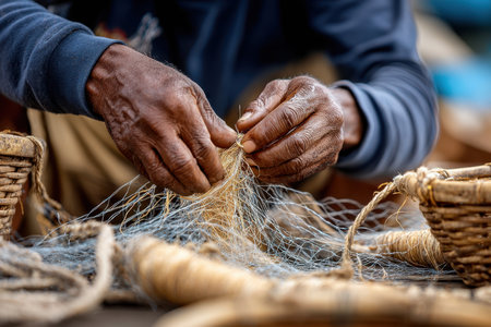A fisherman skillfully mends fishing nets in a coastal village while basking in the warm afternoon sun.の写真素材