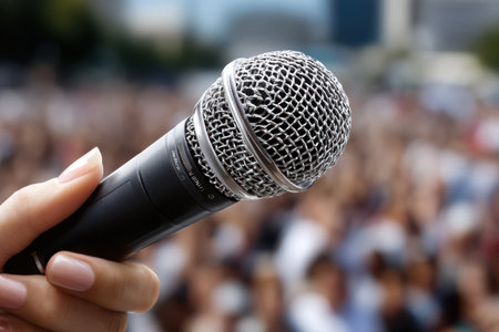 A hand grips a microphone while a large crowd gathers in an outdoor setting under clear skies.の写真素材