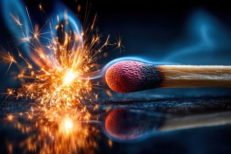 A close-up of a match being struck, under dramatic, focused light, with a sudden sparkの写真素材