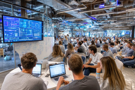 A bustling tech startup office, shot with a wide-angle lens, under fluorescent lights, focusing on a team brainstorming on a whiteboard, ultrarealistic photo --ar 3:2 --raw --profile nk3i4wf --stylize 250 --v 7 Job ID: 522c5314-e993-424e-a5f3-46659f96b27fの写真素材