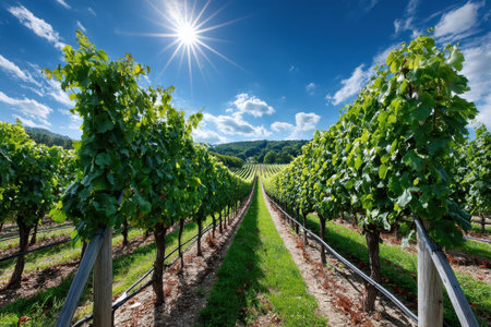 Rows of grapevines bask in the sun in a picturesque vineyardの写真素材