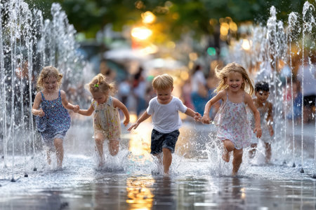 A group of children playing in a fountain, shot with a fast lens against the setting sun, capturing the joy and innocence of childhood, ultrarealistic photo --ar 3:2 --raw --profile nk3i4wf --stylize 250 --v 7 Job ID: 4b99b5e5-4b9e-42e6-8d3e-4be6a364d295の写真素材