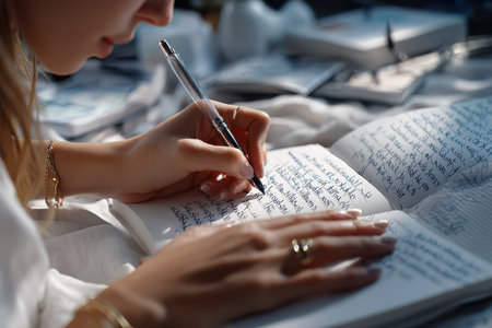 A person is focused on writing notes in a journal, capturing thoughts in a serene atmosphere.の写真素材